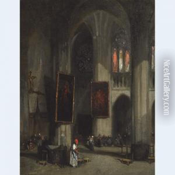 Figures At Prayer In A Cathedral Interior Oil Painting - Louis Adolphe Hervier