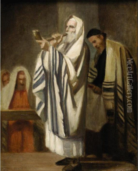 Sounding Of The Shofar In The Synagogue Oil Painting - Edouard Moyse