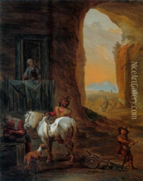 Rastender Reiter Am Brunnen Vor Einem Bauerhaus Oil Painting - Abraham (Alexandre) Teerlink