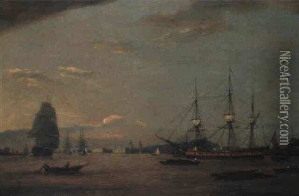 A Frigate At Anchor In Greenwich Reach Off Deptford Oil Painting - Thomas Luny