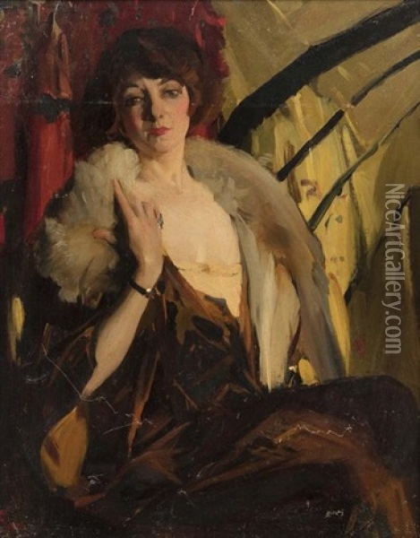 Portrait D'elegante Au Theatre Oil Painting - Virgilio Constantini