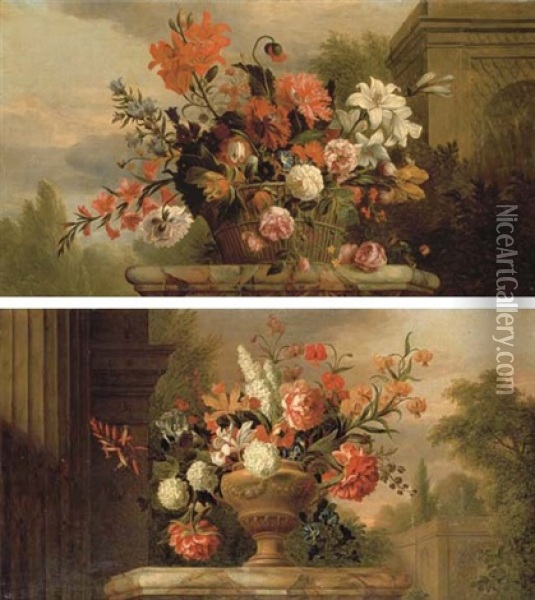 Lilies, Roses, Morning Glory And Other Flowers In A Basket On A Marble Plinth, By A Fountain In A Garden (+ Peonies, Convolvulus, Chrysanthemums And Other Flowers In A Sculpted Urn; Pair) Oil Painting - Jakob Bogdani
