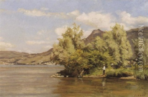 Sommerliche Seelandschaft Mit Angler Oil Painting - Jules Gaud