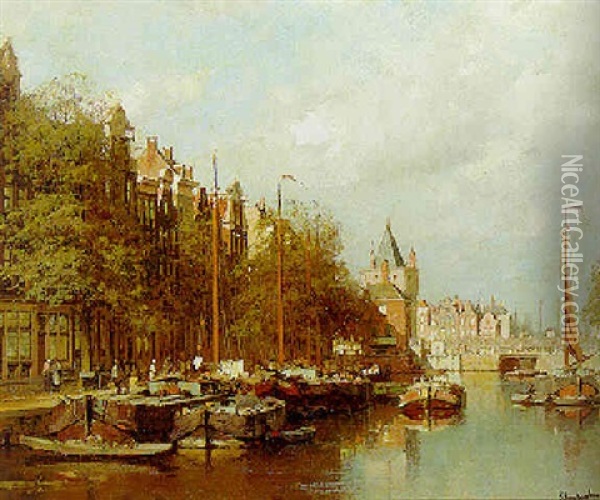 A View Of The Gelderseke, Amsterdam, With The Schreierstoren Beyond Oil Painting - Johannes Christiaan Karel Klinkenberg