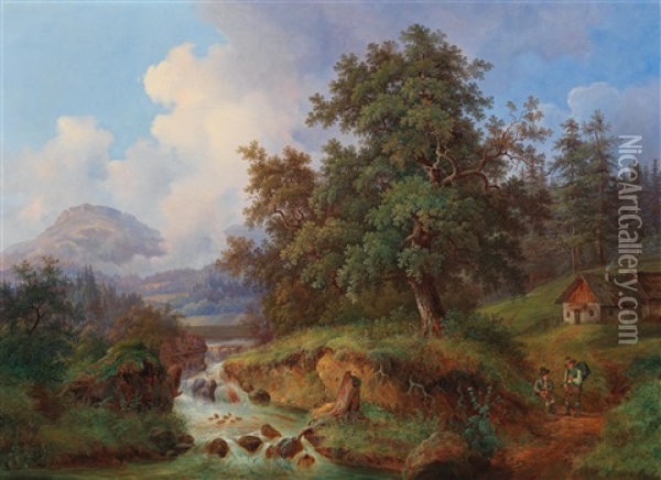 Large Mountain Landscape With Walkers Resting Oil Painting - Josef Jonas