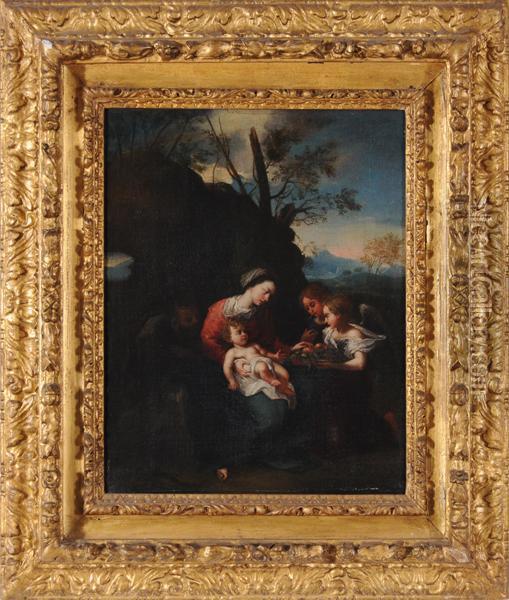 Sacra Famiglia Con Angeli Offerenti Oil Painting - Simone Cantarini Il Pesarese