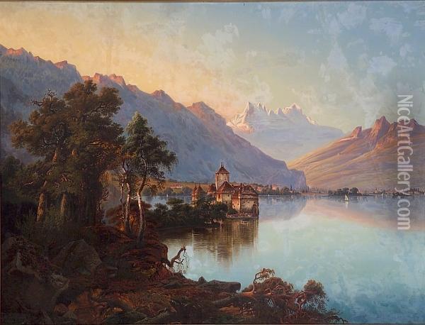 An Extensive Landscape With Lake Geneva And The Chateau De Chillon In The Foreground Oil Painting - Joseph Firmenich