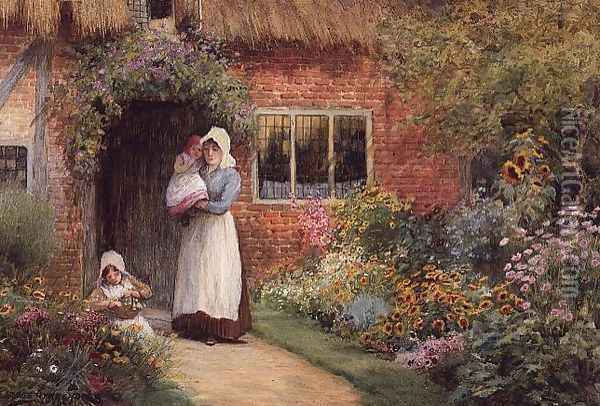 Mother and Children Outside a Cottage Oil Painting - Arthur Claude Strachan