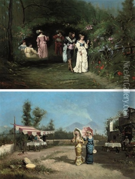 A Stroll In The Country (+ A Stroll After Lunch; Pair) Oil Painting - Francesco Peluso