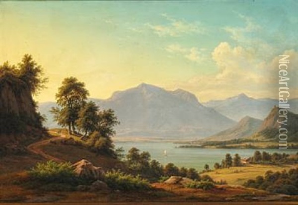 Alpine Landscape With A River And Tall Mountains Oil Painting - Frederik Christian Jacobsen Kiaerskou