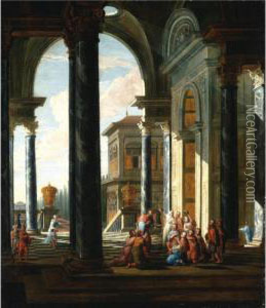 An Architectural Capriccio With Christ Healing The Sick Oil Painting - Jacobus Saeys