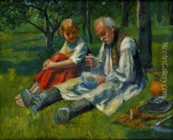 Dedko S Vnuckou Oil Painting - Andor G. Horvath