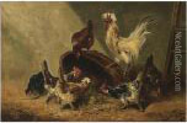 Chickens With A Rooster In A Barn Oil Painting - Henry Schouten