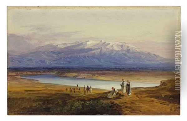 View Of Mount Olympus, Macedonia And Thessaly, Near The Gulf Of Salonika Oil Painting - Edward Lear