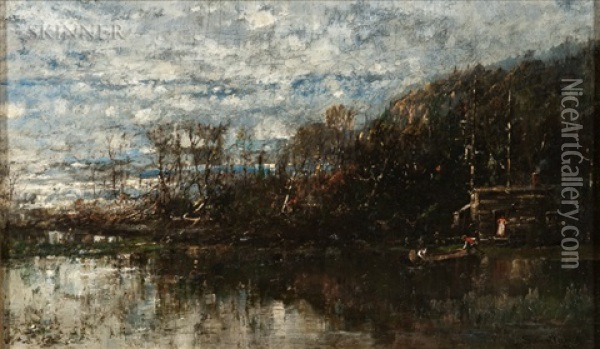 Landscape With Lake, Canoe, And Cottage Oil Painting - William Louis Sonntag