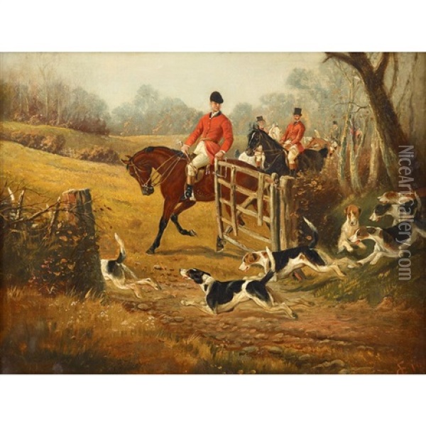 Huntsmen With Hounds Passing Through The Rail Gate Oil Painting - Edwin Cooper