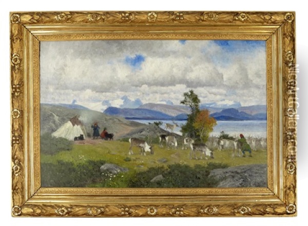 Fjallandskap Med Renar Och Samer Oil Painting - Olof Arborelius