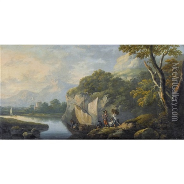 Flusslandschaft Mit Matrosen Beim Beladen Eines Schiffes Oil Painting - Paolo Anesi