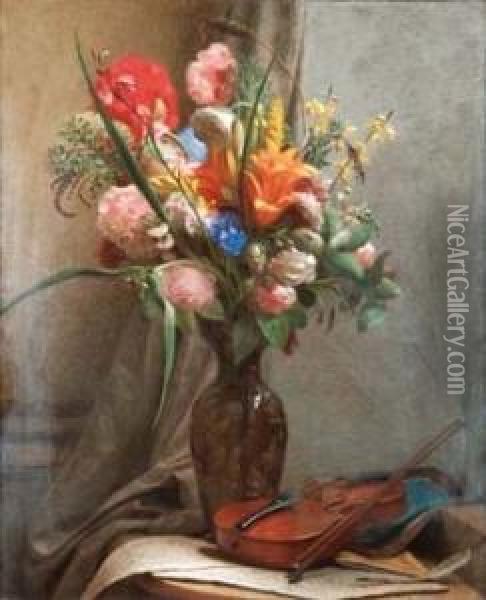 Vaso Di Fiori In Un Interno Oil Painting - Michele Gordigiani