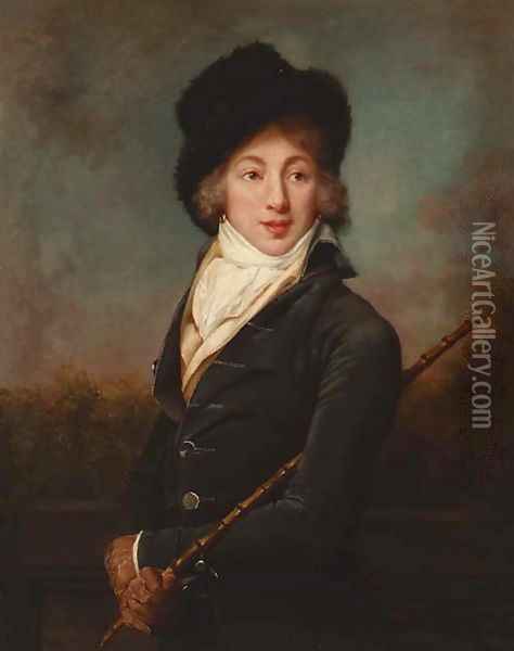 Portrait of Auguste Vestris, three-quarter-length, in a dark grey velvet jacket and a fur hat, a cane in his right hand Oil Painting - Adele Romany