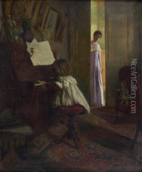 Jeune Enfant Jouant Du Piano Sous La Surveillance De Sa Mere Oil Painting - Eugene Louis Marie Delabarre