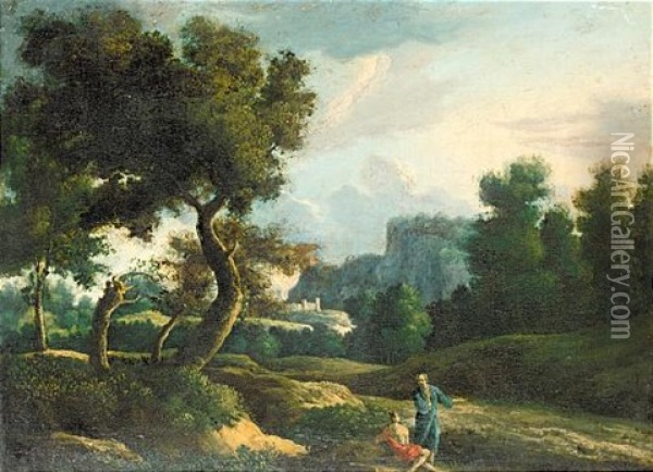 A Classical Landscape With Two Figures In The Foreground Oil Painting - Jan Frans van Bloemen