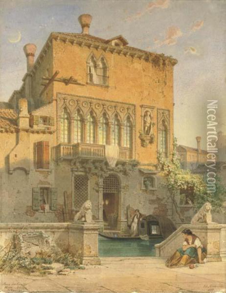 Haus Der Familie Moro-orbello In Venedig: A Sunny Venetianafternoon Oil Painting - Eduard Gerhardt