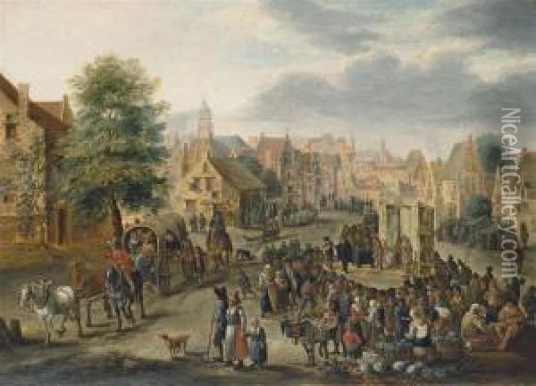 A Village Market With A Wagon, Women With Baskets Of Vegetables And A Crowd Gathered Around A Commedia Dell'arte Stage, With The Coat-of-arms Of The Holy Roman Empire Oil Painting - Martin Andreas Reisner