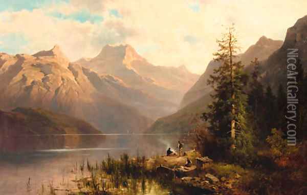 Travellers on the lakeside in a mountainous landscape Oil Painting - Josef Thoma