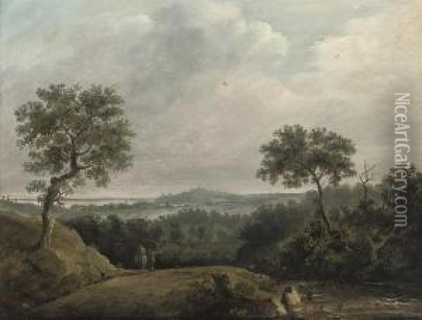 Figures And A Horse In An Extensive Landscape Oil Painting - James Nasmyth