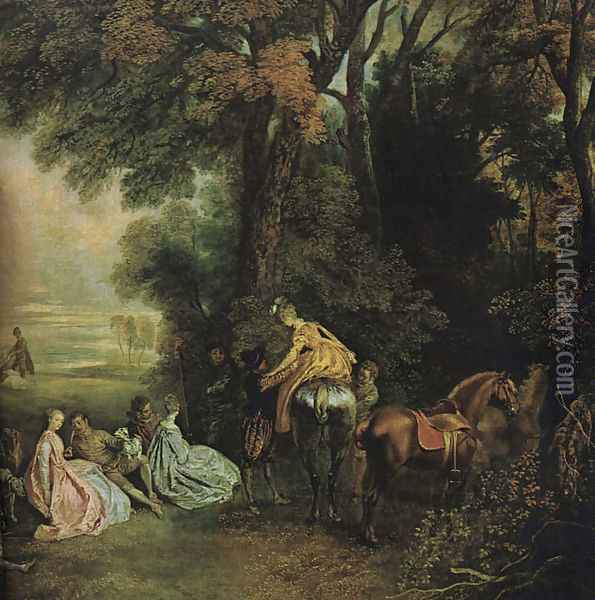 A Halt During the Chase 1720 Oil Painting - Jean-Antoine Watteau