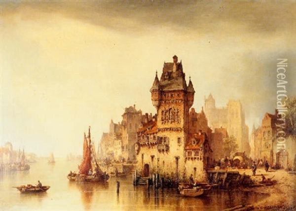 A View On The River, Dordrecht Oil Painting - Ludwig Hermann