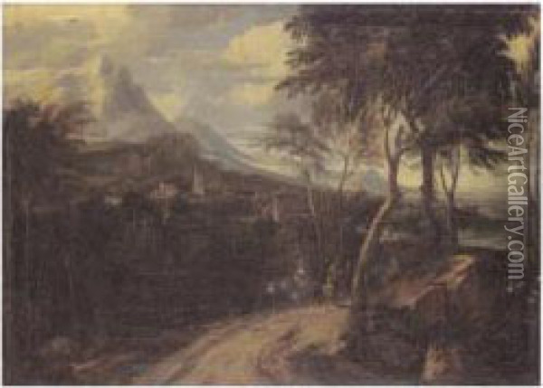 An Extensive Classical Landscape
 With An Elegant Lady And Other Travellers On A Road, A Town Beyond Oil Painting - Anton Faistenberger