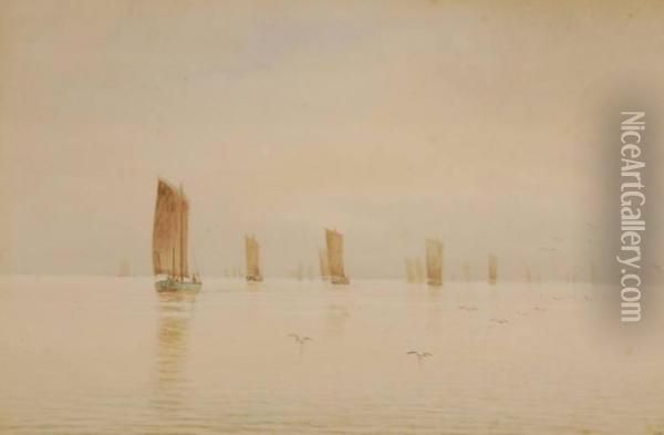 Fishing Fleet Off The Coast Oil Painting - James Ashton