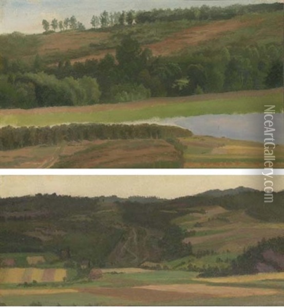 Landscape With Pond, Westphalia, Germany (+ Fields And Valley, Westphalia, Germany, Smaller; 2 Works) Oil Painting - Albert Bierstadt