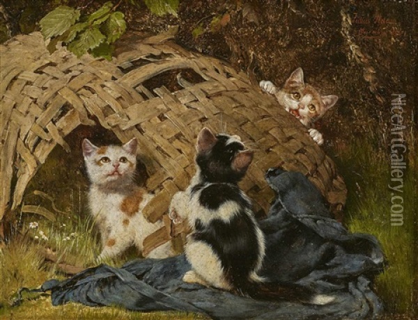 Three Kittens Playing At A Wicker Basket Oil Painting - Julius Adam the Younger