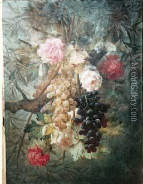 Nature Morte Aux Roses De Vigne Et Raisins Oil Painting - Eugene Gibault