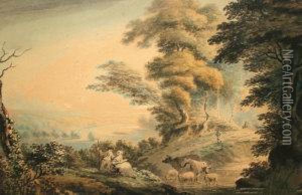 Figures In River Landscape With 
Cattle Watering; Watercolour,signed And Dated 1797, 20x30cm: Together 
With One Furtherwatercolour Depicting Pilgrims On A Rural Track By The 
Same Hand Oil Painting - Alexandre-Jean Noel