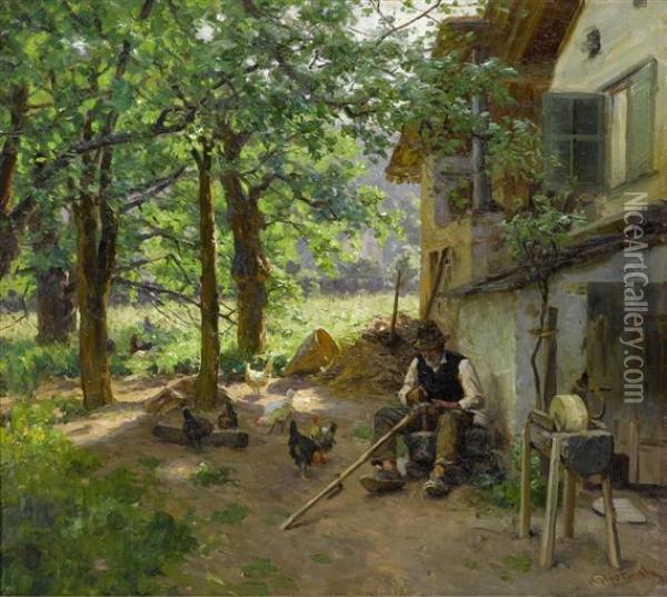 Peasant Working At The Scythe. Oil Painting - Hermann Hartwich