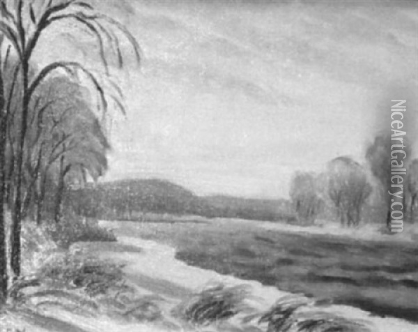 Winter Landscape Depicting River With Tree-lined Banks Oil Painting - Roscoe Clarence Magill