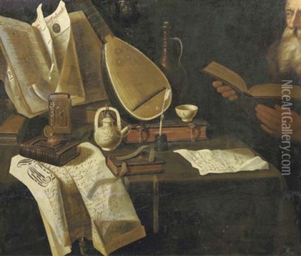 Books, Manuscripts, A Lute And A Tea Set On A Draped Table, A Man Holding A Book Nearby Oil Painting -  Pseudo-Roestraten