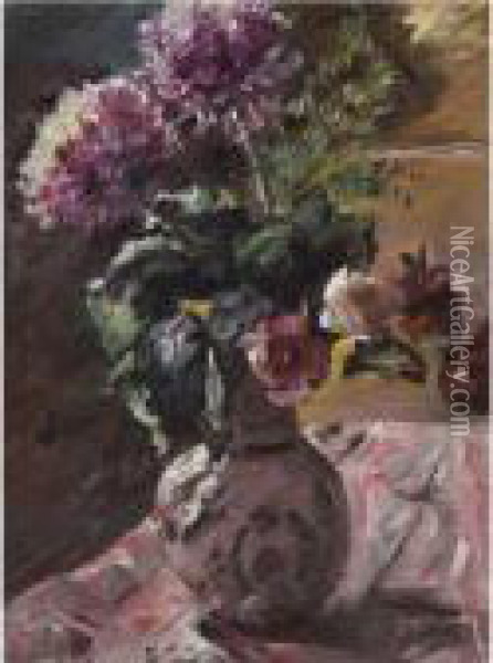 Chrysanthemen Und Rosen Im Krug Oil Painting - Lovis (Franz Heinrich Louis) Corinth