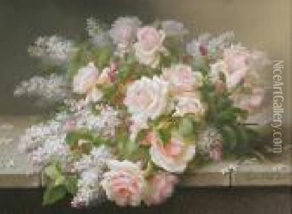 Still Life Of Roses And Lilacs Oil Painting - Raoul Maucherat de Longpre