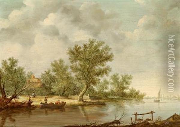 Flusslandschaft Mit Einer Fahre Oil Painting - Salomon van Ruysdael
