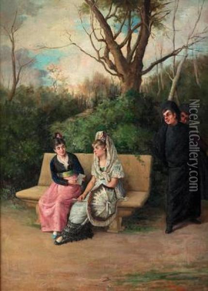 En El Parque Oil Painting - Jose Maria Alarcon Y Caceres