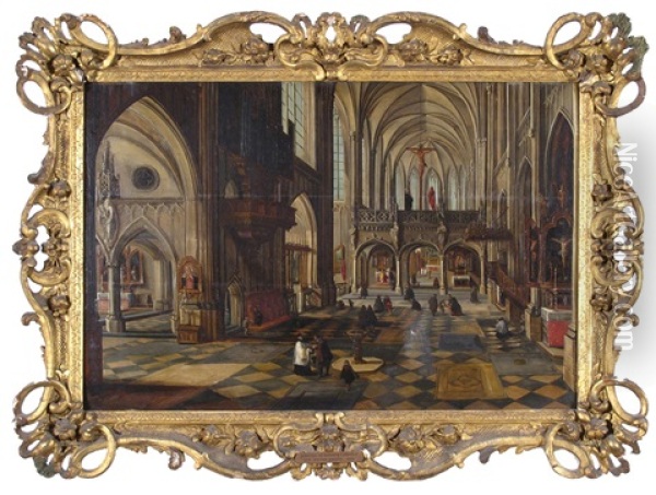 Interior Of Antwerp Cathedral With Figures At Prayer And Visiting Oil Painting - Peeter Neeffs the Younger