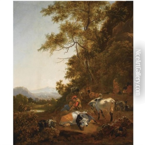 A Wooded Hilly Landscape With Shepherds Resting With Their Herd, Other Figures Preparing A Meal Above A Fire To The Right Oil Painting - Adam de Colonia
