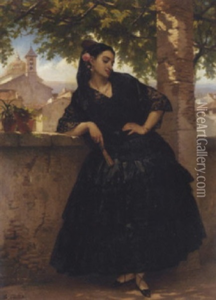 A Spanish Beauty With A Fan Oil Painting - Pierre Francois Gregoire Giraud