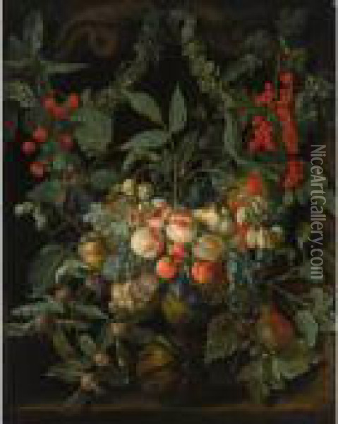A Still Life With A Garland Of 
Peaches, Pears, Melons, Plums, Apricots, Grapes, Apples, Berries And 
Cherries, Together With Ivy And Gooseberries, All In A Stone Niche Oil Painting - Jan van Kessel
