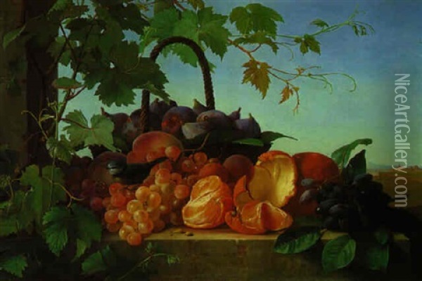 A Still Life With Oranges, Grapes, A Basket Of Figs, Peaches And A Chaffinch On A Stone Ledge In A Landscape Oil Painting - Carl Vilhelm Balsgaard